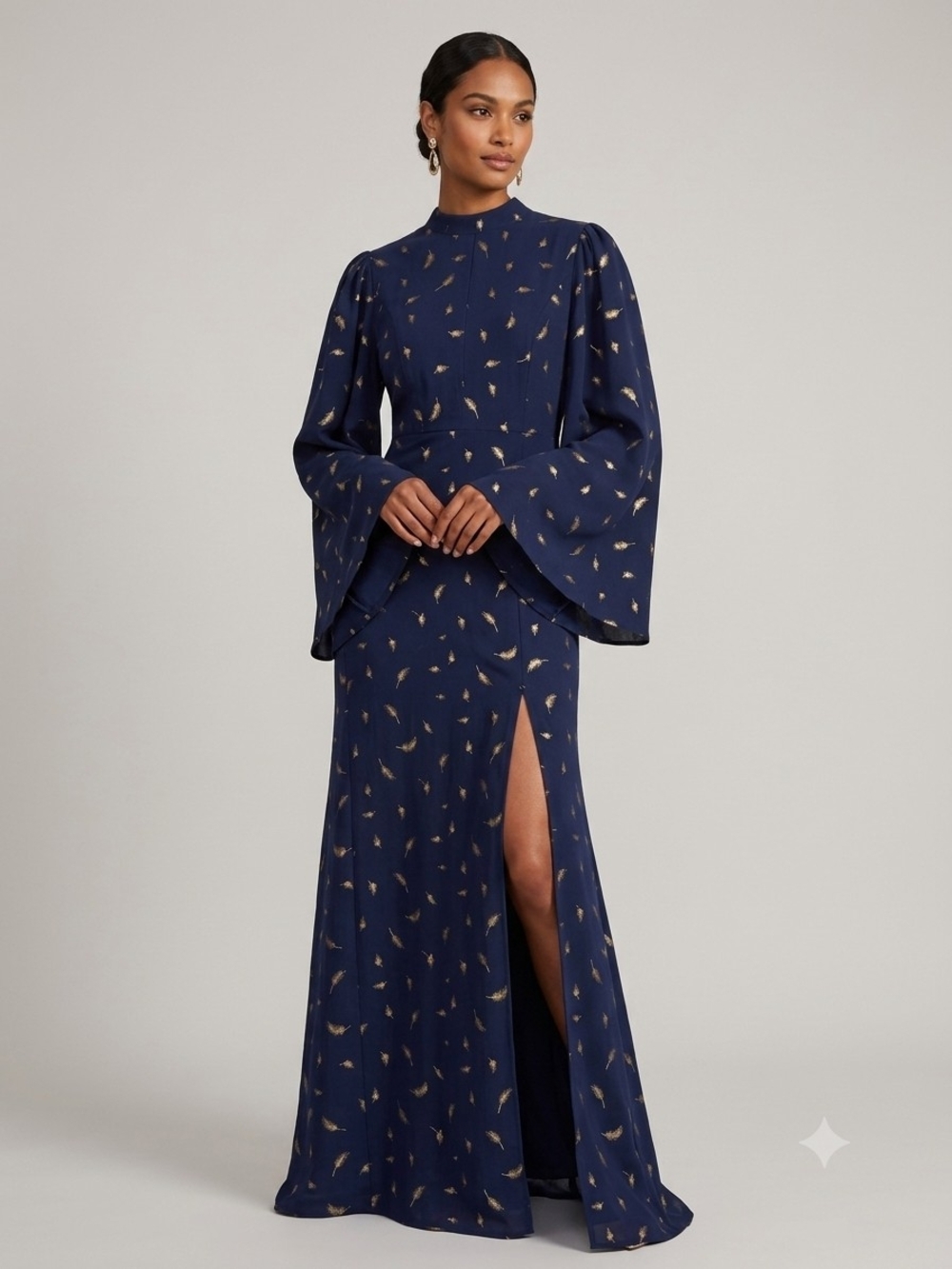 High-Neck Navy Maxi Dress with Gold Feather Motif